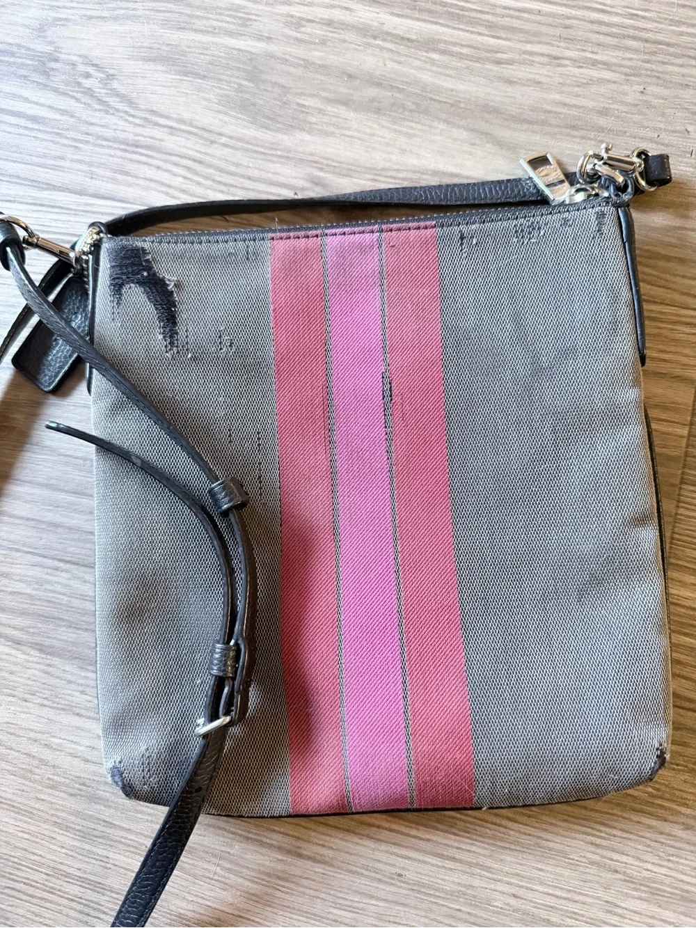 Coach New York Gray & Pink Stripe Canvas Crossbody Bag Authentic